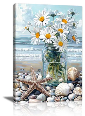 Produktbild von Solidchoice – Leinwandbild mit Rahmen, Strand, Blumen, Vase, 40x60 cm