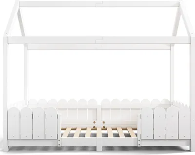 Produktbild von Hausbett mit Lattenrost, 90x200 cm, Kinderbett mit Rausfallschutz, Jugendbett, Einzelbett, Kiefer