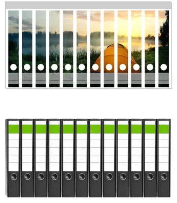 Produktbild von Wallario 12 Stück schmale Ordner inkl. Klebeetiketten mit Motive Morgendämmerung am Seeufer -  Set mit Rückenschildern / Ordnerrücken Stickern