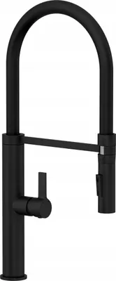 A black kitchen faucet with a pull-out spray head is shown against a white background.