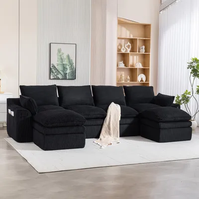 Produktbild von MODFU 4-Sitzer Sofa,Modulares Sofa mit 2 Hockern,Big Sofa mit Kissen & 2 Seitentaschen,Cord,Schwarz
