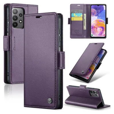 A collage of images showing a purple leather wallet-style phone case for a Samsung Galaxy A23.