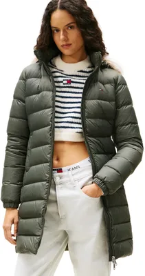 Produktbild von Tommy Jeans Damen Daunenmantel Essential Hooded Down Coat mit Kunstpelz, Grün (P