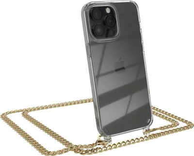 Produktbild von EAZY CASE Metall Handykette für Apple iPhone 14 Pro Max, Handyhülle mit Umhängeband, Silikonhülle, Metallkette für Smartphone in Gold