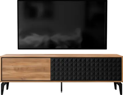 A TV stand with a television mounted above it, presented against a white background.