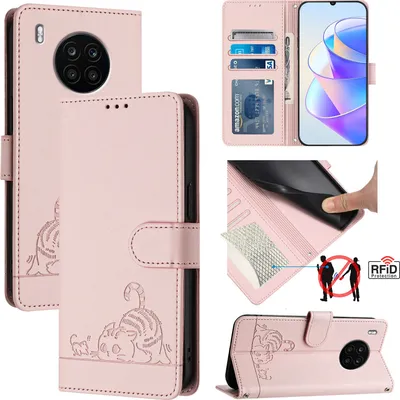 Produktbild von Leder Hülle für Huawei Nova 8i/Honor 50 Lite Süße Katze Flip Case Brieftasche Schutzhülle mit Standfunktion Pink