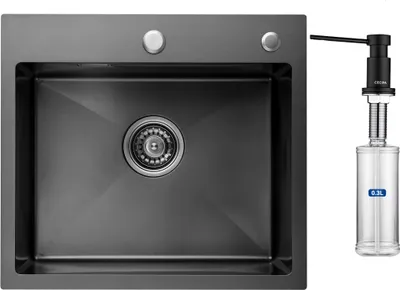 A black stainless steel sink and a black soap dispenser are shown against a white background.