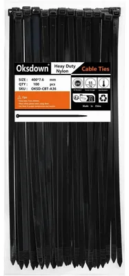 Obrázok produktu pre Stiahovacie pásky, 400 mm x 7,6 mm, čierna, 100 kusov, odolné voči UV žiazeniu, pevnosť v ťahu 50 kg, nylonový plast