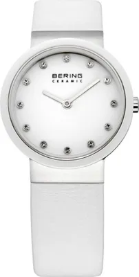 A white Bering ceramic women's watch with a white strap, set against a white background.