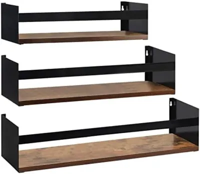 Produktbild von PolkaHome® Wandregal-Set mit 3 schwebenden Regalen, rustikale Holzplatte & schwarzes Metall, für Küche, Bad, Wohnzimmer, Büro, 61/50,8/40 cm
