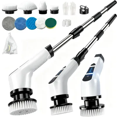 Image de Brosse de nettoyage rotative, 9 têtes de brosse interchangeables, double vitesse, manche télescopique