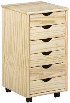 Image de Unyqoos® : Rangement mobile avec 6 tiroirs sans poignées, en bois massif de pin, équipé de roulettes, dimensions : 35 x 40 x 65 cm – Solution de rangement compacte pour le bureau