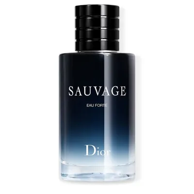 A studio shot of a Dior Sauvage Eau Forte perfume bottle against a white background.