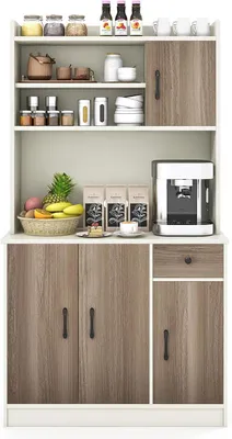 Productafbeelding van Keukenmeubel 180 cm met werkblad, buffetkast met 4 verstelbare planken en kabeldoorvoeren, hoge keukenkast, opbergkast voor keuken, eetkamer en woonkamer (wit)