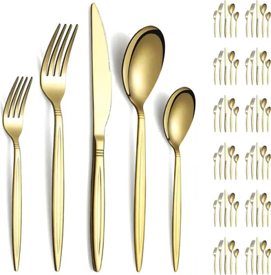Immagine prodotto di Set di posate per 12 persone - 60 pezzi - Placcato in titanio - Acciaio inossidabile - Adatto al lavaggio in lavastoviglie - Colore oro