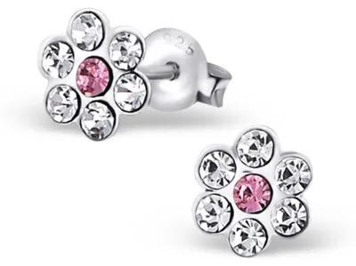 Produktbild von Kinderohrstecker Glitzer: Mädchen Ohrringe Silber „Kristall Blume" kristallklar & rosa
