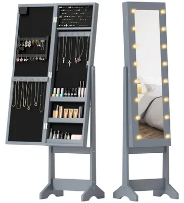 Produktbild von Schmuckspiegel mit LED-Beleuchtung, Schmuckschrank, freistehender Schmuckschrank mit Ganzk?rperspiegel, verstellbarer Winkel, Grau