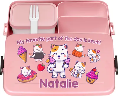 Produktbild von Personalisierte Brotdose mit Namen Große Isolierte Bento Box Praktische Mahlzeitenaufbewahrung für Mädchen mit bunten Kindermotiven Katzen Kitties [087]