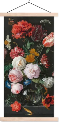 Produktbild von MuchoWow® Textilposter Stilleben mit Blumen in einer Glasvase - Gemälde von Jan Davidsz. de Heem 40x80 cm mit holzfarbenen Rahmen - Wohnzimmer