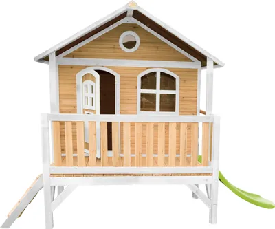 Produktbild von AXI Spielhaus Stef mit hellgrüner Rutsche | Stelzenhaus in Braun & Weiß aus  Holz für Kinder | Spielturm für den Garten