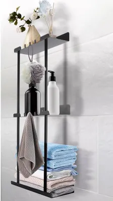Produktbild von Ibenzoa® Multifunktionales Handtuchregal für Bad, Sauna & Wohnmobil – doppellagiges Metallregal mit Haken, matt schwarz, bohrfreie oder Schraubmontage, bis 20 kg Tragkraft