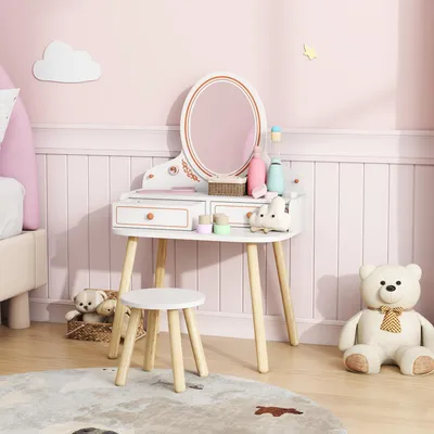 Produktbild von Kinder Schminktisch Set mit Hocker, Spiegel & Schubladen, Frisiertisch, Weiß | 56 x 38 x 87,8 cm | MDF & Kiefernholz | 3–8 Jahre