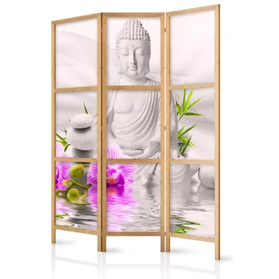 Zdjęcie produktu dla Parawan 135x171 cm 3-częściowy jednostronny elegancki parawan ścianka działowa ścianka działowa ścianka działowa drewniana motyw deco domowe biuro kwiaty Buddy orchidea b-A-0011-bh-e