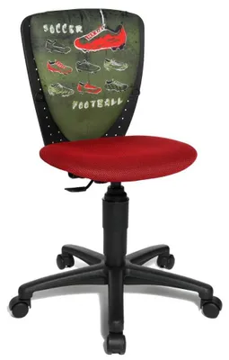 Kinderstuhl Drehstuhl High S'Cool Schwarz-Rot / Soccer von vorn mit Fußball-Motiven auf grüner Rückenlehne.