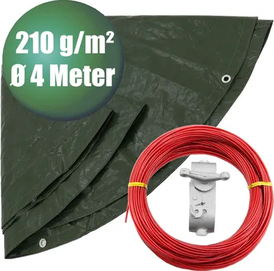 A green tarp and a coil of red rope with a metal clamp are shown against a white background.