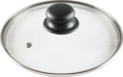 A glass pot lid with a black handle and a stainless steel rim, shown from a top-down perspective against a white background.