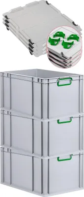 Produktbild von SuperSparSet 3x Eurobox NextGen Color mit Auflagedeckel und Schiebeschnappverschlüsse | HxBxT 32x40x60cm | 65 Liter | Griffe grün geschlossen | Verstärkter Boden | Eurobehälter, Transportbox, Transportbehälter, Stapelbehälter