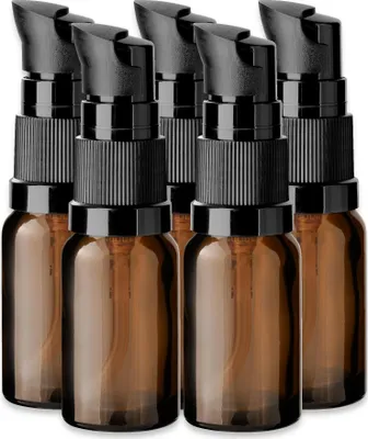 Produktbild von 5x Glasflasche Braun 10 ml mit Schwarzer Pumpe und Kappe Kosmetikflaschen