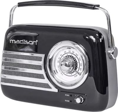 A black retro-style radio with a silver handle and dial.