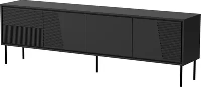 Productafbeelding van TV-kast ABUDABI 200 cm, 4D, mat zwart, met zwarte metalen poten, gefreesde voorzijde, 4 deuren, staande kast, lage kast, tv-meubel, modern tv-meubel, salontafel, metalen poten
