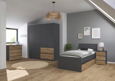 Produktbild von Jugendzimmer Joel 4 teilig in Grau Metallic und Artisan Eiche – mit 4türigem Kleiderschrank , 140er Jugendbett, Nachttisch und Kommode