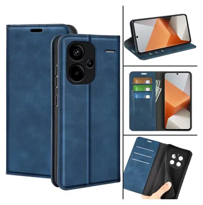 A collage of images showing a blue flip phone case from different angles, including its card slots and how it holds a phone.