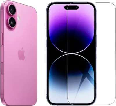 A pink iPhone is shown on the left, and a screen protector for a smartphone is shown on the right.