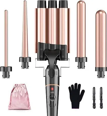 Produktbild von 5 in 1 Professionelles Lockenwicklerset mit temperaturgesteuertem Wellenstyler, roségoldene Lockenwickler für schnell erwärmte Locken