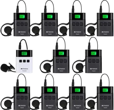 A collection of wireless microphone systems arranged in rows on a white background.