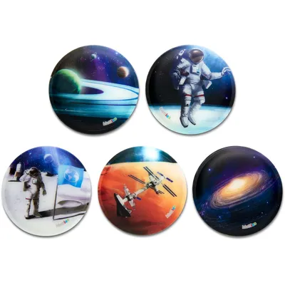 A collage of five round patches or stickers, each depicting a different space-themed scene.