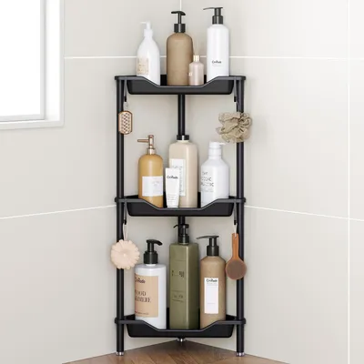 Immagine prodotto di Scaffale da doccia autoportante, in acciaio inossidabile, set da 3 pezzi, colore nero, angolo, senza foratura, con ganci