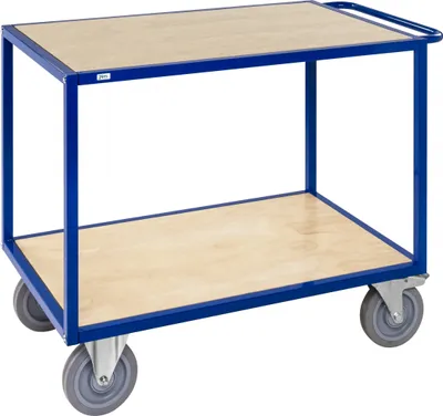 Produktbild von Kongamek Tischwagen in blau 1200x680x934mm in Holzoptik mit Schiebegriff, Elastikbereifung und Bremse