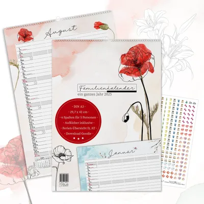 Produktbild von Familienkalender 2025 5 Spalten mit 300 Stickern  - A3 Aquarell Design Familienplaner 2025 XXL  | Familienkalender 2025 6 Spalten für 5 Personen