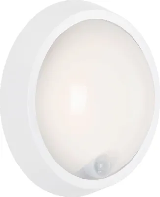 A white, round LED outdoor wall light with a motion sensor is shown against a white background.