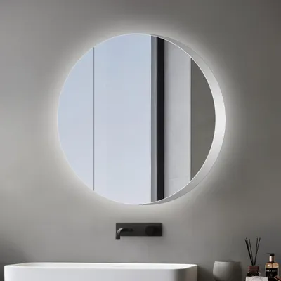 Produktbild von LED Spiegelschrank 80 cm, rund, Alukorpus silbermatt, 2 Ablagen, IP44