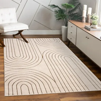 A living room scene with a rug, chair, and cabinet.