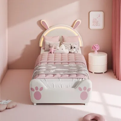 Produktbild von ProximaX Kinderbett 90x200 cm mit LED – Hasen-Design Polsterbett Rosa – Einzelbett für Mädchen mit gepolstertem Kopfteil – Jugendbett