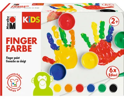 Zdjęcie produktu dla Farby do malowania palcami Marabu 303000000085 KIDS, 35 ml, zestaw 6 różnych kolorów