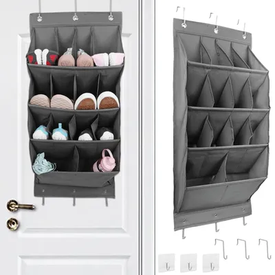 Imagen del producto de Estante colgante para zapatos con 6 ganchos, 14 compartimentos, color gris, para puerta