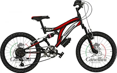 A full-suspension mountain bike for children, presented in a studio setting against a white background.